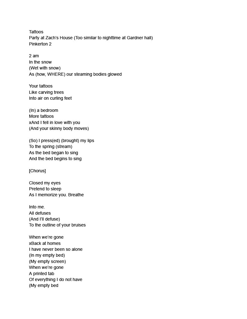 Pinkerton Lyrics Sheet 1